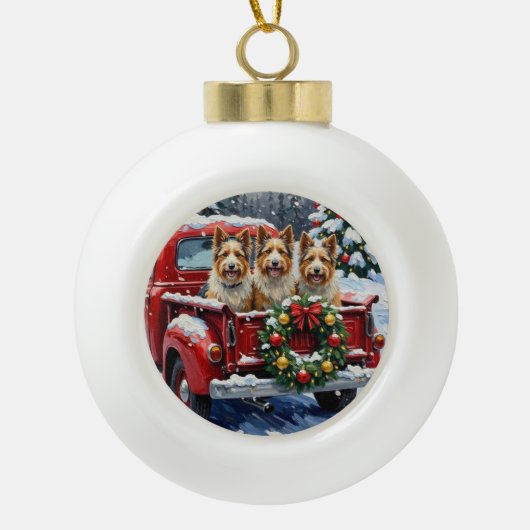 Skye Terrier Christmas Red Truck Holiday Keramische Bal Ornament (Voorkant)