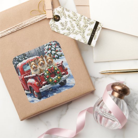 Skye Terrier Christmas Red Truck Holiday Vierkante Sticker (Geschenken)