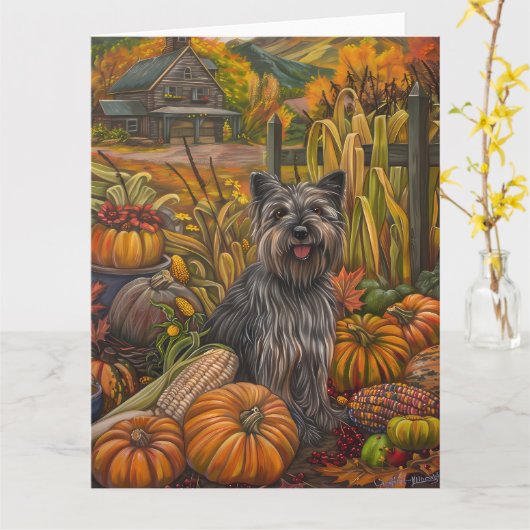 Skye Terrier Hond Herfst Oogst Dankdag Kaart (Gele Bloem)