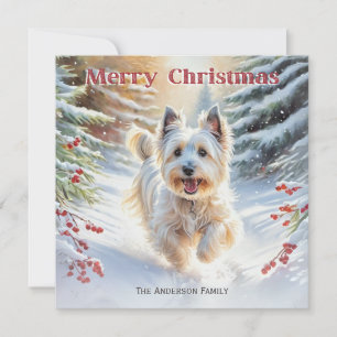 Skye Terrier-hond in de sneeuw Prettig kerstfeest Feestdagenkaart