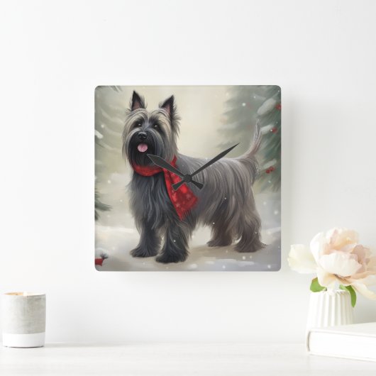 Skye Terrier Hond in Sneeuw Kerstmis Vierkante Klok (Huis)