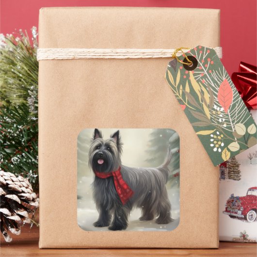 Skye Terrier Hond in Sneeuw Kerstmis Vierkante Sticker (Feestdagen)