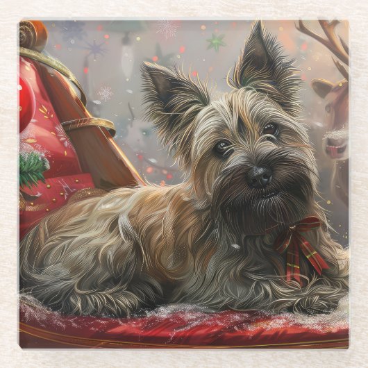 Skye Terrier Hond Kerstfeest Glazen Onderzetter (Voorkant)