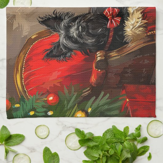 Skye Terrier Hond Kerstfeest Theedoek (Gevouwen)