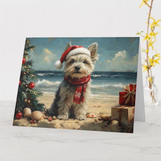 Skye Terrier Hond Kerstmis Vintage Strand Kaart (Gele Bloem)