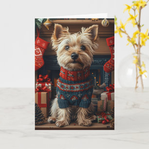 Skye Terrier-hond met kerstcadeaus bij de open haa Kaart