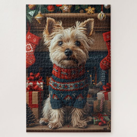 Skye Terrier-hond met kerstcadeaus bij de open haa Legpuzzel (Verticaal)