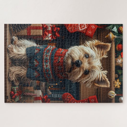 Skye Terrier Hond Met Kerstcadeaus Open haard Legpuzzel (Horizontaal)