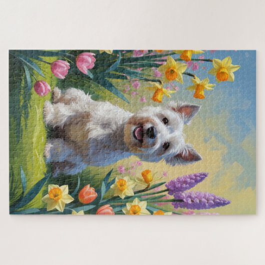 Skye Terrier Hond Spring Bloemen Schilderen Legpuzzel (Horizontaal)
