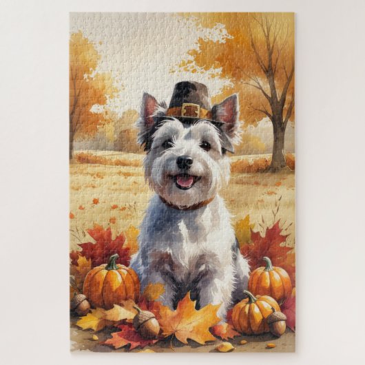 Skye Terrier in Herfstbladeren Thanksgiving Kunst Legpuzzel (Verticaal)