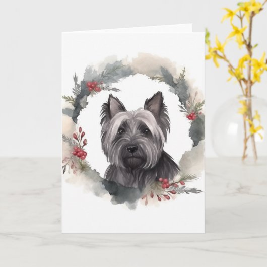 Skye Terrier Kerstkrans Feestelijke Pup Kaart (Gele Bloem)
