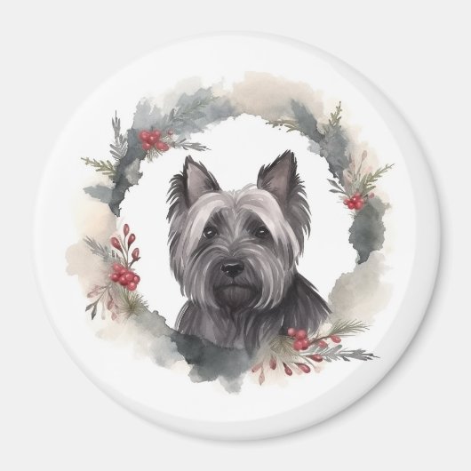 Skye Terrier Kerstkrans Feestelijke Pup Magneet (Voorkant)