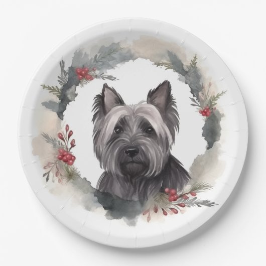 Skye Terrier Kerstkrans Feestelijke Pup Papieren Bordje (Voorkant)