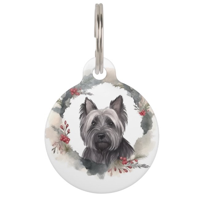 Skye Terrier Kerstkrans Festieve Pup Huisdierpenning (Voorkant)