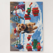 Skye Terrier loopt in de sneeuw met kerst Pet Legpuzzel (Verticaal)
