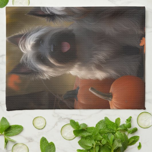 Skye Terrier Puppy Herfst Delight Pompoen Theedoek (Gevouwen)