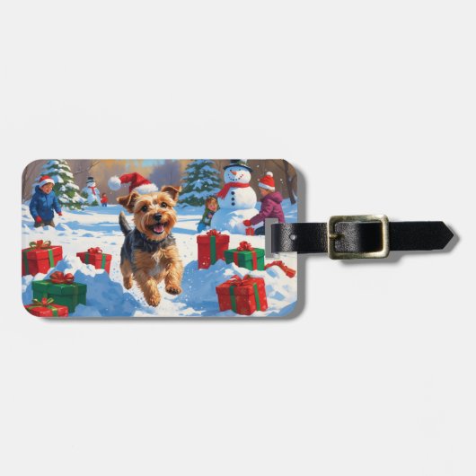 Skye Terrier Rent in de Sneeuw met Kerstmuts Bagagelabel (Voorkant horizontaal)