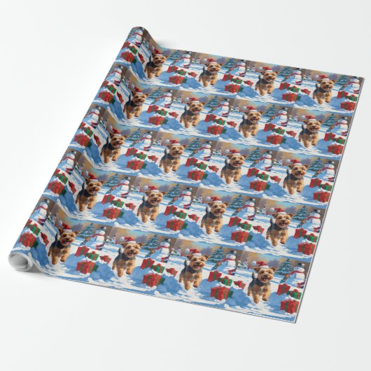 Skye Terrier Rent in de Sneeuw met Kerstmuts Cadeaupapier (Uitgerold)