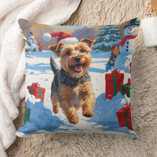Skye Terrier Rent in de Sneeuw met Kerstmuts Kussen (Deken)