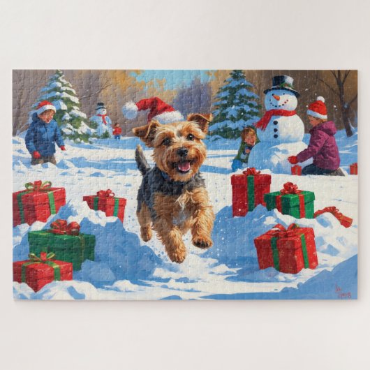 Skye Terrier Rent in de Sneeuw met Kerstmuts Legpuzzel (Horizontaal)