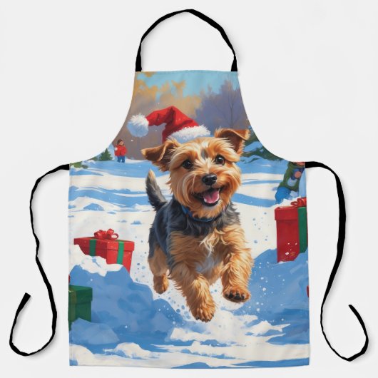 Skye Terrier Rent in de Sneeuw met Kerstmuts Schort (Voorkant)