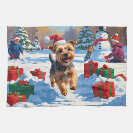 Skye Terrier Rent in de Sneeuw met Kerstmuts Theedoek (Horizontaal)