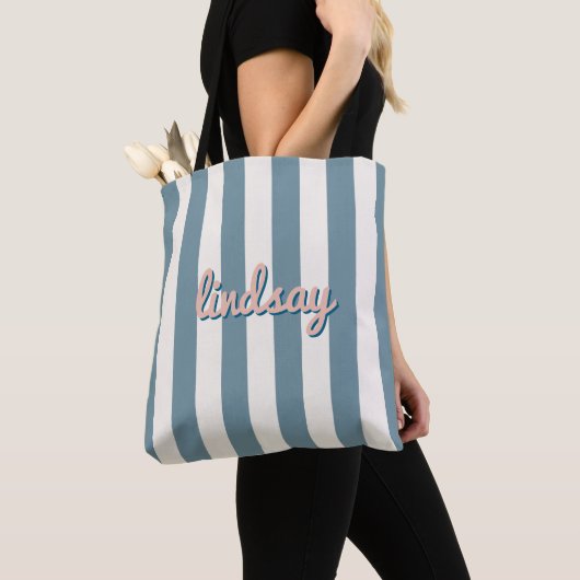 Skyline Blauwe Cabana Gestreepte Meisjesreis Vakan Tote Bag (Dichtbij)