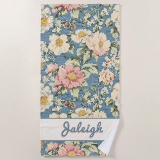 Skyline Blue Retro Bloemen Schaduwletters Strandlaken