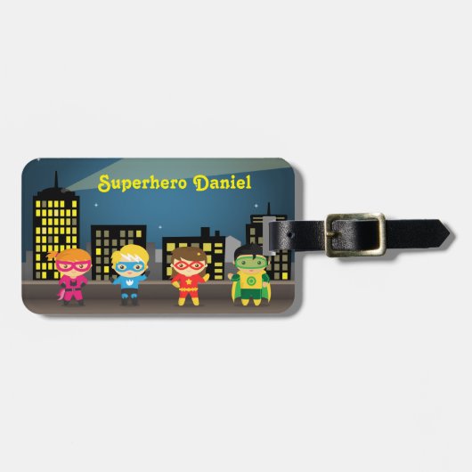 Skyline Cute Superheld voor kinderen Bagagelabel (Voorkant horizontaal)