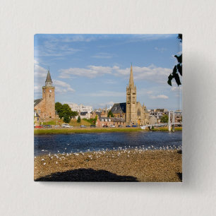 Skyline en rivier van de schilderachtige stad Inve Vierkante Button 5,1 Cm