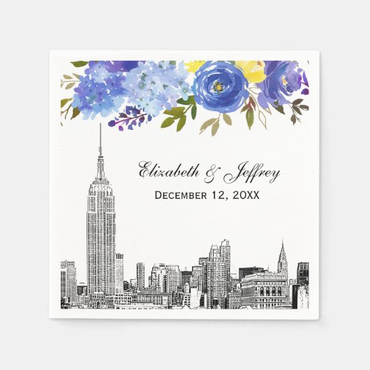 Skyline ESB Etch Blauw Geel Bloemen Waterverf Servet (Voorkant)