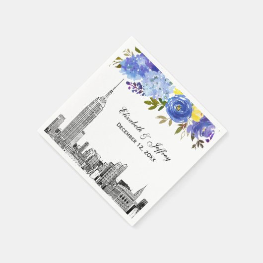 Skyline ESB Etch Blauw Geel Bloemen Waterverf Servet (Hoek)