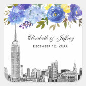 Skyline ESB Etch Blauw Geel Bloemen Waterverf Vierkante Sticker (Voorkant)