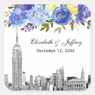 Skyline ESB Etch Blauw Geel Bloemen Waterverf Vierkante Sticker