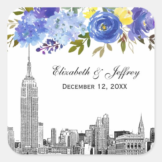 Skyline ESB Etch Blauw Geel Bloemen Waterverf Vierkante Sticker (Voorkant)