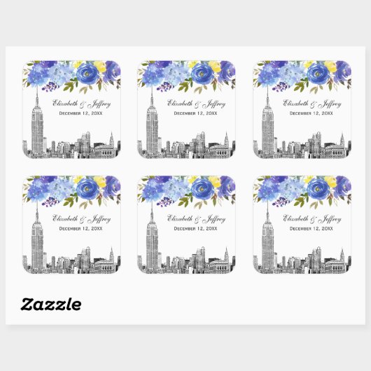 Skyline ESB Etch Blauw Geel Bloemen Waterverf Vierkante Sticker (Vel)
