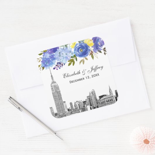 Skyline ESB Etch Blauw Geel Bloemen Waterverf Vierkante Sticker (Envelop)