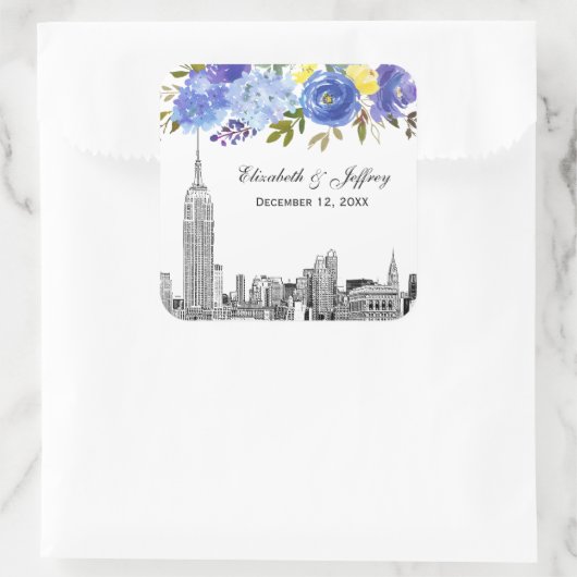 Skyline ESB Etch Blauw Geel Bloemen Waterverf Vierkante Sticker (Tas)