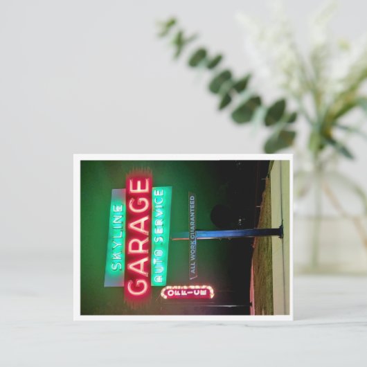 Skyline Garage Auto Service Neon Sign Feestdagenkaart (Staand voorkant)