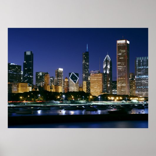 Skyline of Downtown Chicago 's nachts Poster (Voorkant)