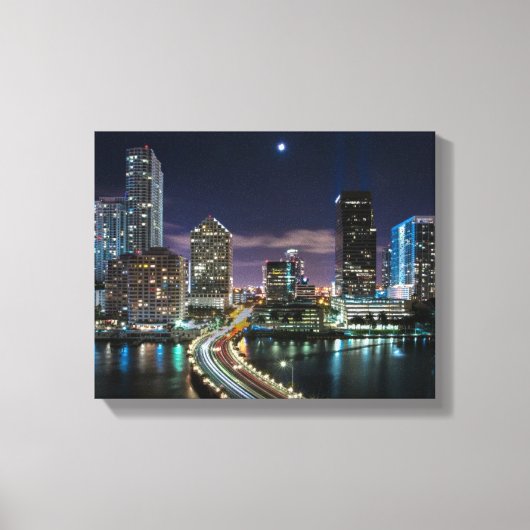 Skyline of Miami city with bridge at night Canvas Afdruk (Voorkant)
