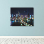 Skyline of Miami city with bridge at night Canvas Afdruk (Insitu (Houten vloer))