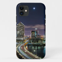 Skyline of Miami city with bridge at night