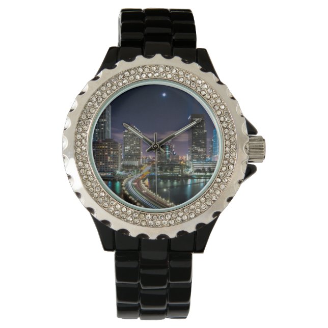 Skyline of Miami city with bridge at night Horloge (Voorkant)