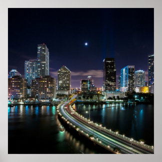 Skyline of Miami city with bridge at night Poster