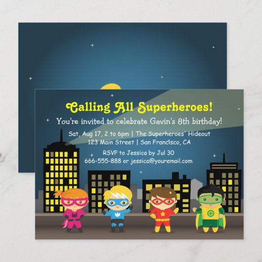 Skyline Superheld Birthday Party for Kids Kaart (Voorkant / Achterkant)