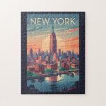 Skyline Travel Art Vintage van New York Legpuzzel<br><div class="desc">New York retro vector reisontwerp. Van Times Square en Central Park tot het Vrijheidsbeeld en Broadway,  NYC biedt een onvergetelijke mix van cultuur,  geschiedenis,  entertainment en innovatie.</div>