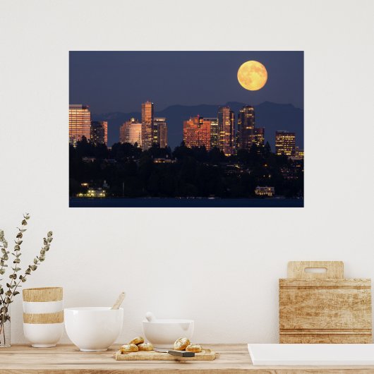 Skyline van Bellevue uit het meer van Washington i Poster (Keuken)