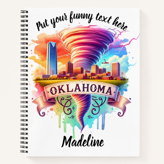 Skyline van Oklahoma in kleurrijke tornado kunst Notitieboek (Voorkant)