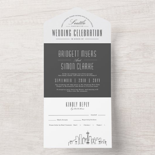 Skyline van Seattle Deco | Bruiloft All In One Uitnodiging (Binnen)